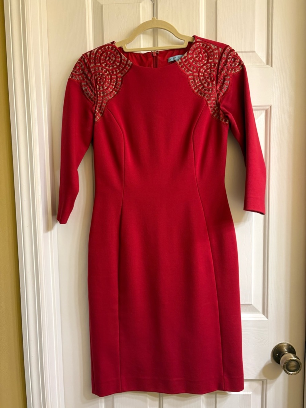 Antonio Milani Red Dress with Lace Shoulder Insets